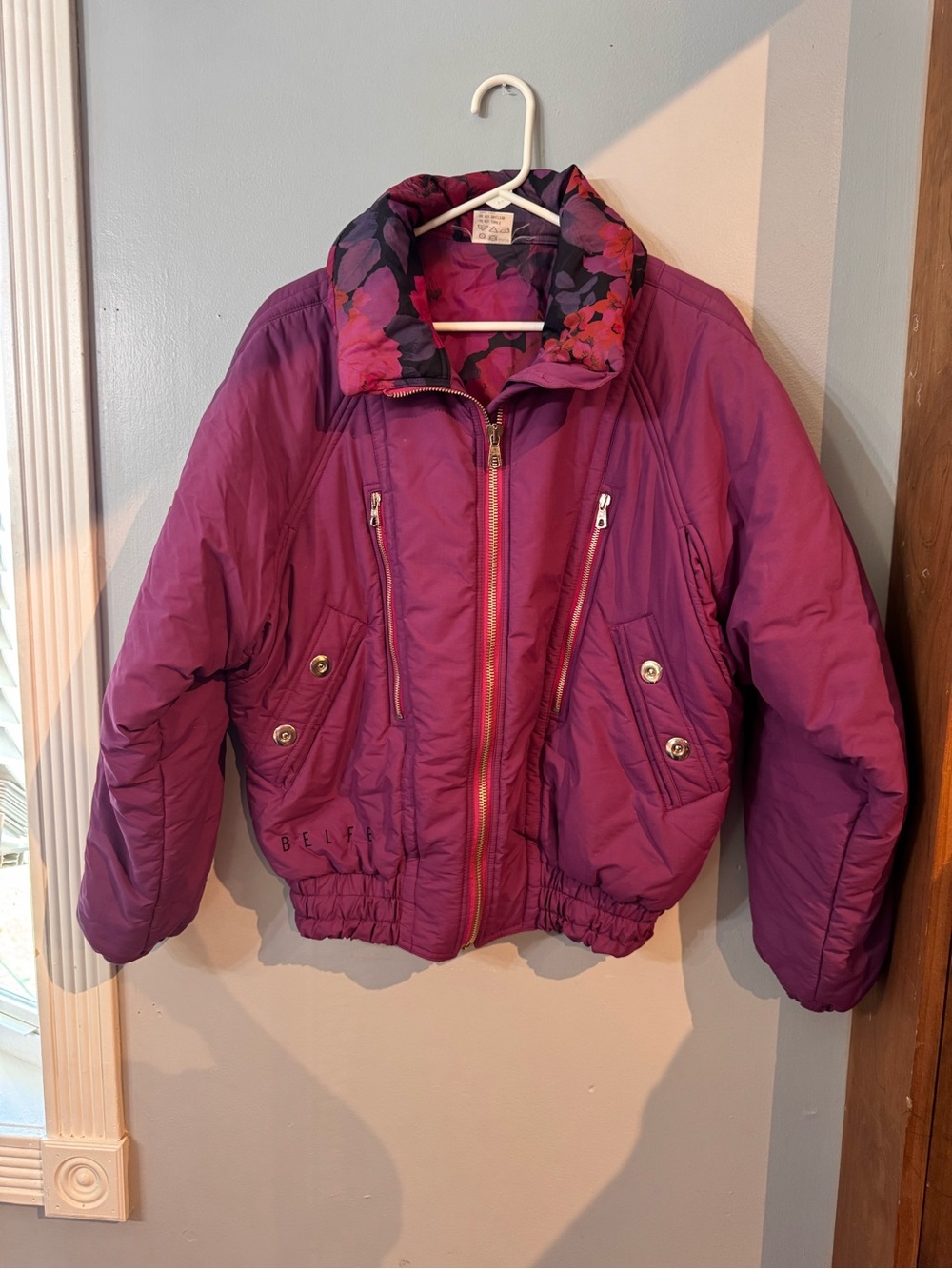 Vintage 80s 90s Belfe Nylon Ski Jacket Purple Floral Made Italy